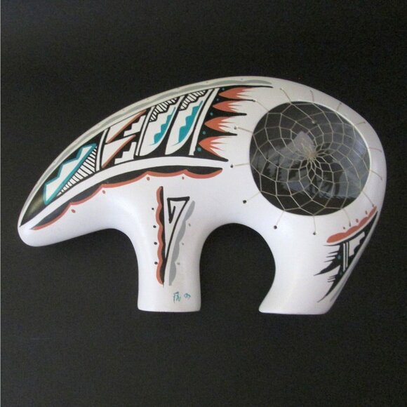 Large Ceramic Pottery Fetish Bear Has Dreamcatcher Native American Tribal Signed - Picture 2 of 10